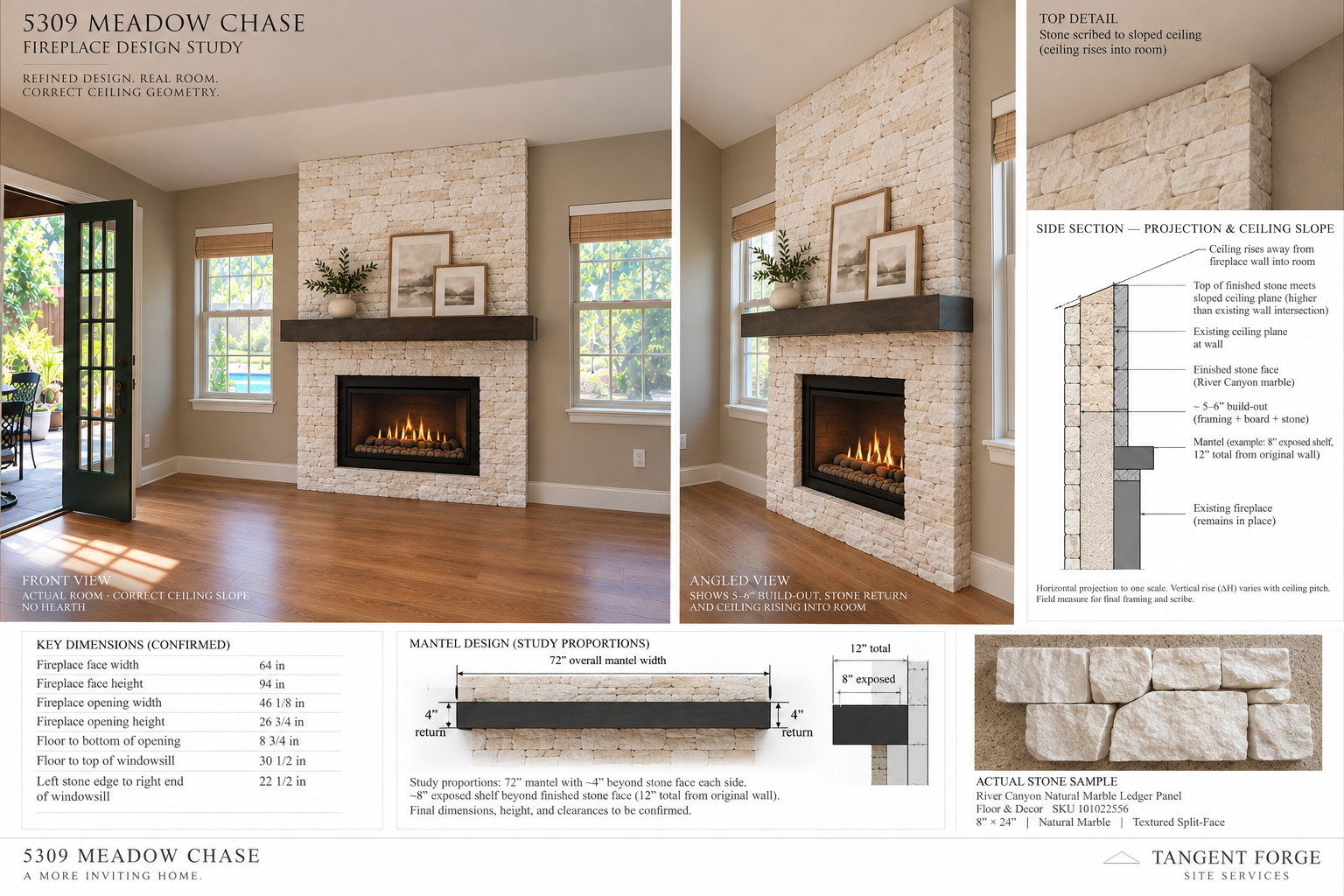 VIS-02 fireplace design board: front and angled room views show River Canyon stone, a recessed existing firebox, no hearth, fitted returns, mantel study proportions and the ceiling rising away into the room